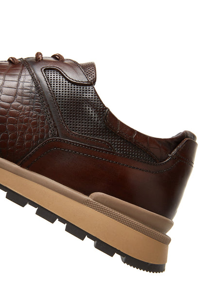 Erkek Kahverengi Bağcıklı Deri Casual Sneaker