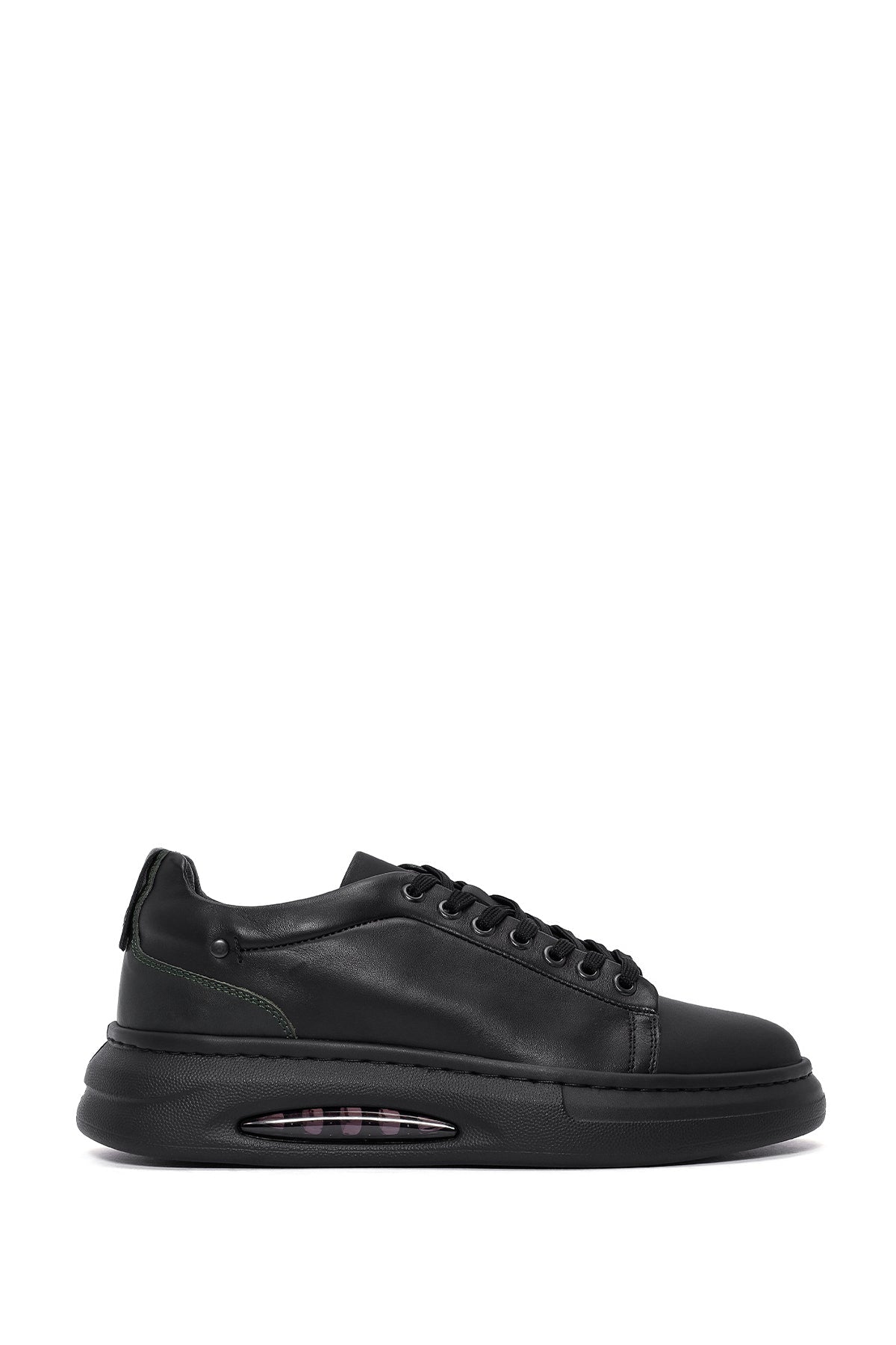 Erkek Siyah Bağcıklı Kalın Tabanlı Deri Sneaker