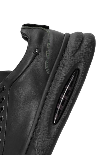 Erkek Siyah Bağcıklı Kalın Tabanlı Deri Sneaker
