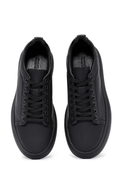 Erkek Siyah Bağcıklı Kalın Tabanlı Deri Sneaker