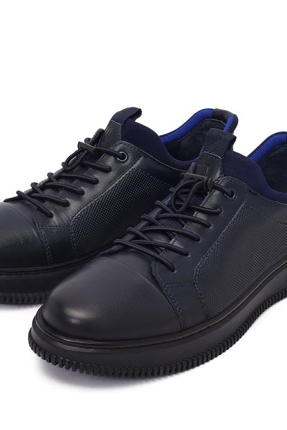 Erkek Lacivert Bağcıklı Deri Sneaker