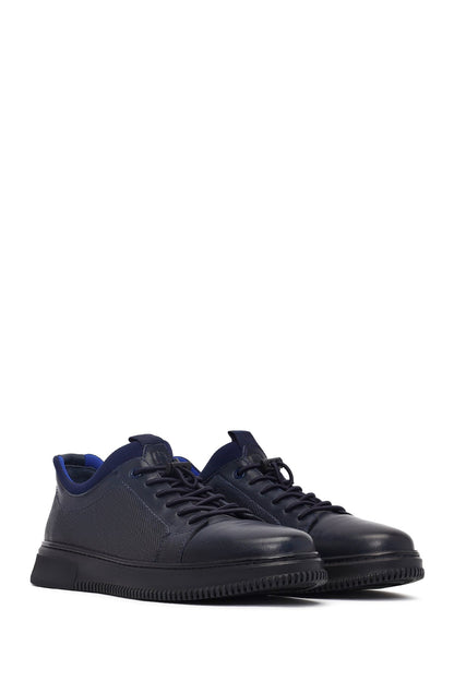 Erkek Lacivert Bağcıklı Deri Sneaker