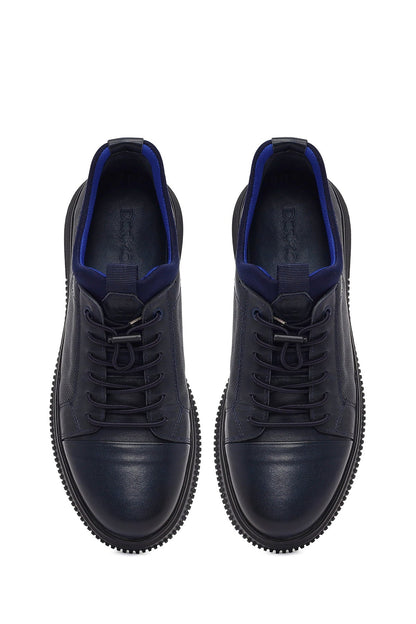 Erkek Lacivert Bağcıklı Deri Sneaker