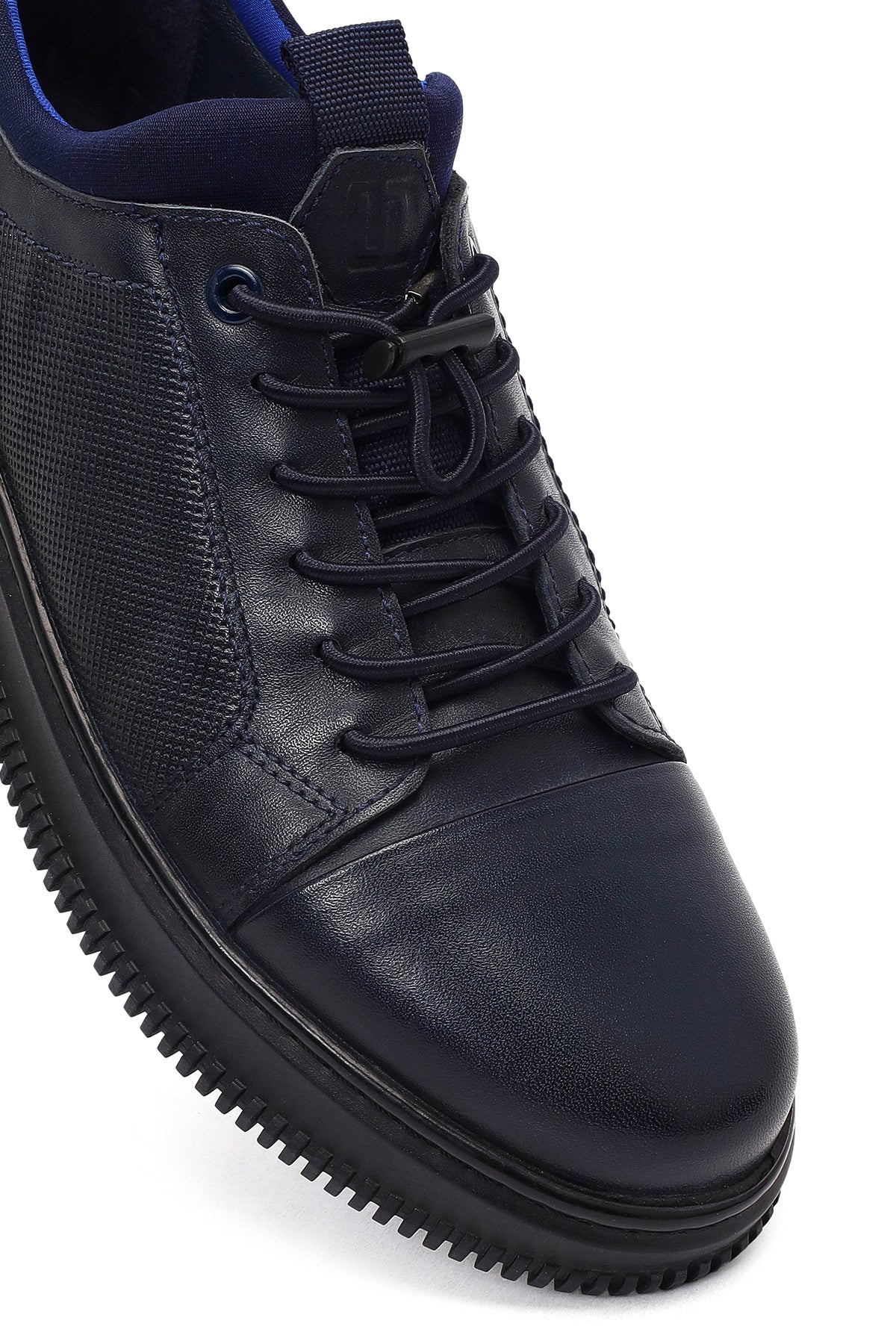 Erkek Lacivert Bağcıklı Deri Sneaker