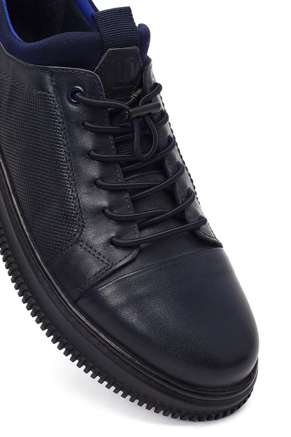 Erkek Lacivert Bağcıklı Deri Sneaker