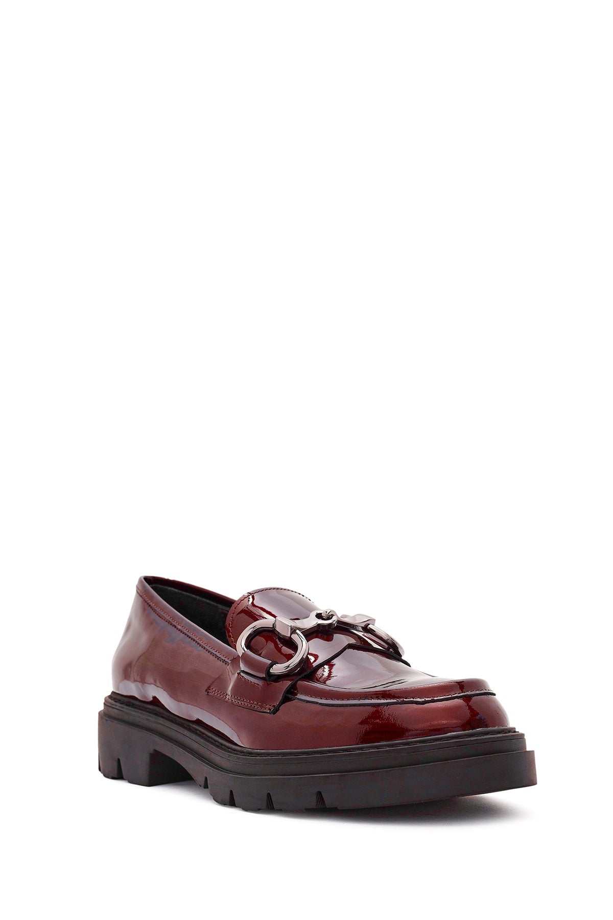 Kadın Bordo Toka Detaylı Rugan Deri Maskülen Loafer