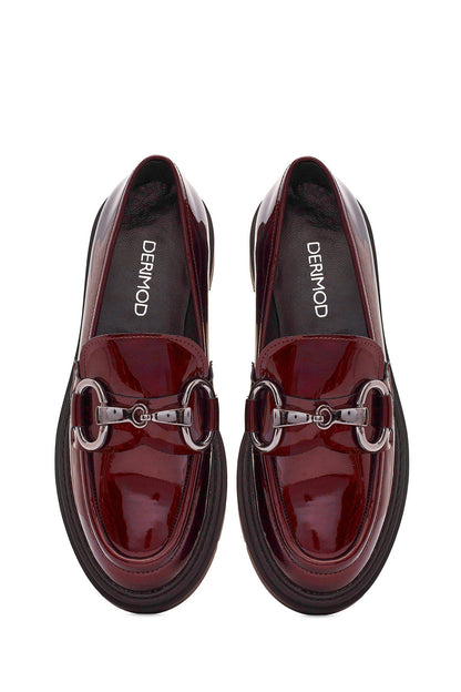 Kadın Bordo Toka Detaylı Rugan Deri Maskülen Loafer