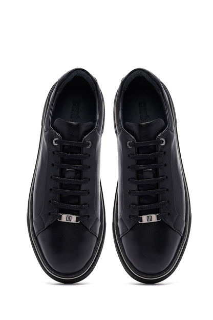Erkek Siyah Bağcıklı Deri Sneaker