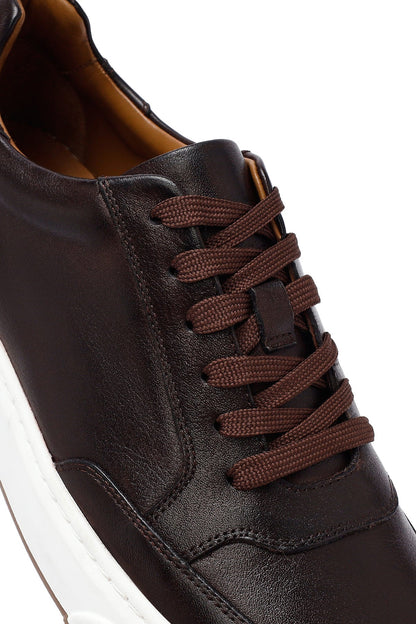 Erkek Kahverengi Bağcıklı Kalın Tabanlı Deri Sneaker