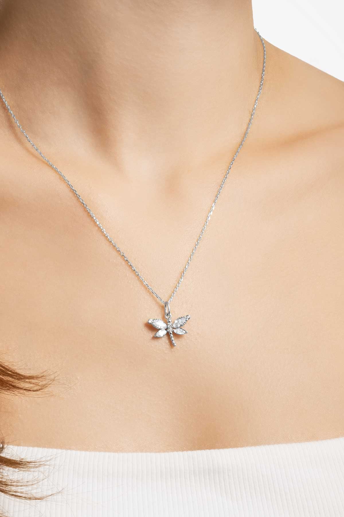 Rüzgarın Arkadaşı 18 Ayar Beyaz Altın Kaplama 45 Cm Gümüş Yusufçuk Kolye 5165650199