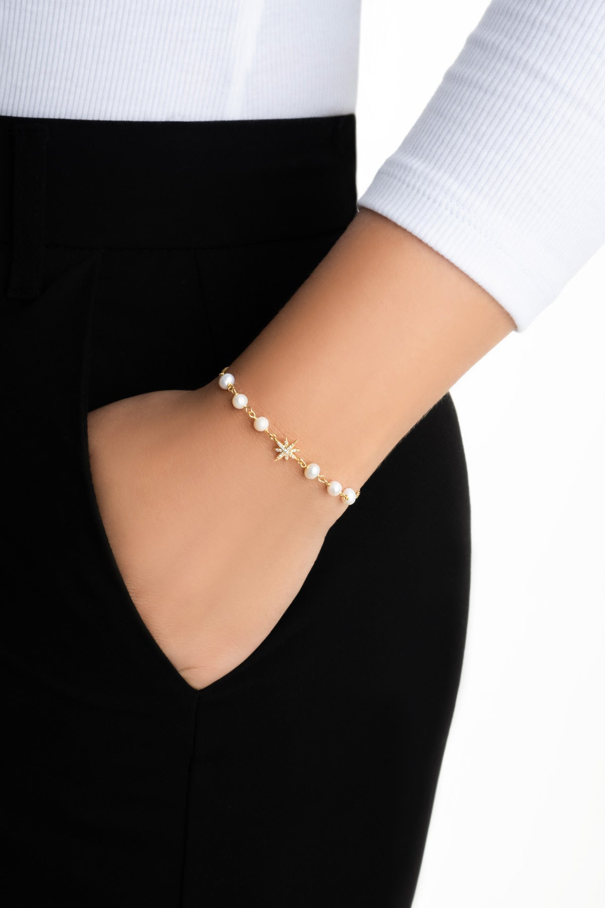 Venüs Yıldızı 18 Ayar Sarı Altın Kaplama 19 Cm Gümüş Inci Bileklik 5169036244