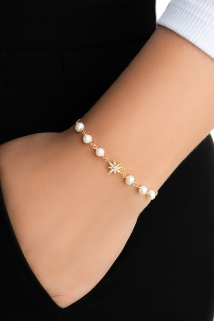 Venüs Yıldızı 18 Ayar Sarı Altın Kaplama 19 Cm Gümüş Inci Bileklik 5169036244