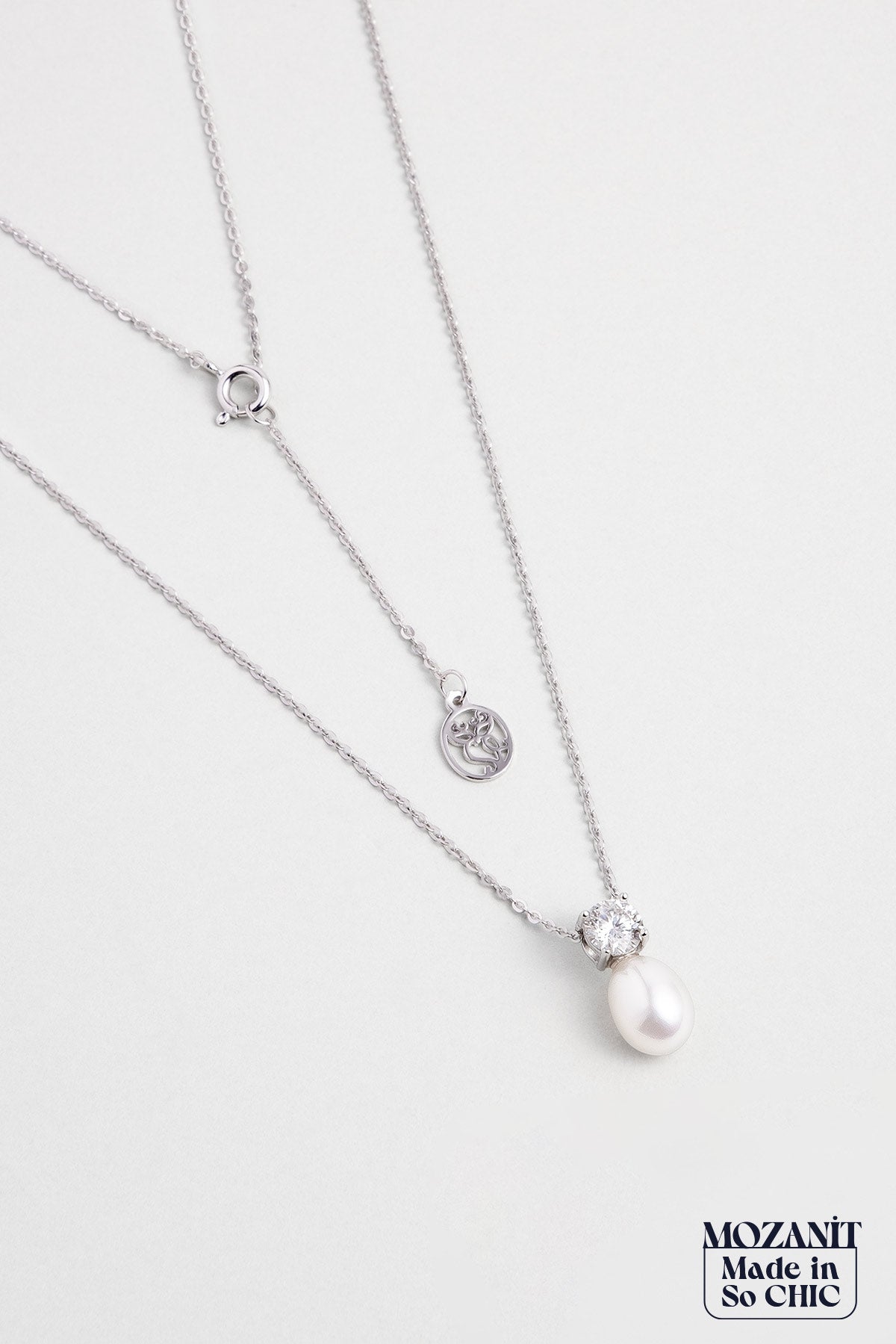Mozanit Rüyası 18 Ayar Beyaz Altın Kaplama Inci Taşlı 46 Cm Gümüş Kolye 5170406299