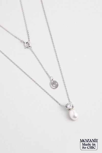 Mozanit Rüyası 18 Ayar Beyaz Altın Kaplama Inci Taşlı 46 Cm Gümüş Kolye 5170406299