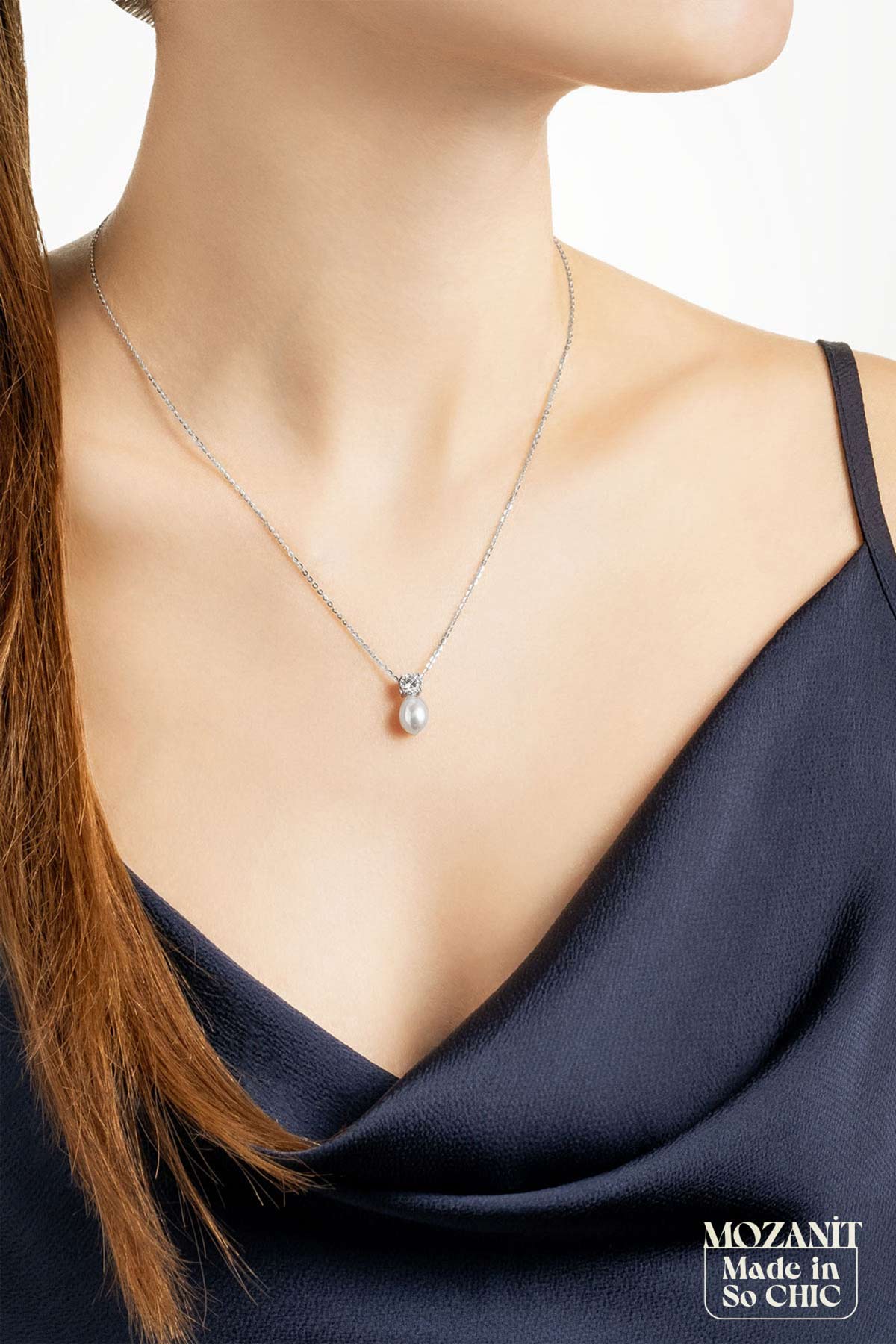 Mozanit Rüyası 18 Ayar Beyaz Altın Kaplama Inci Taşlı 46 Cm Gümüş Kolye 5170406299