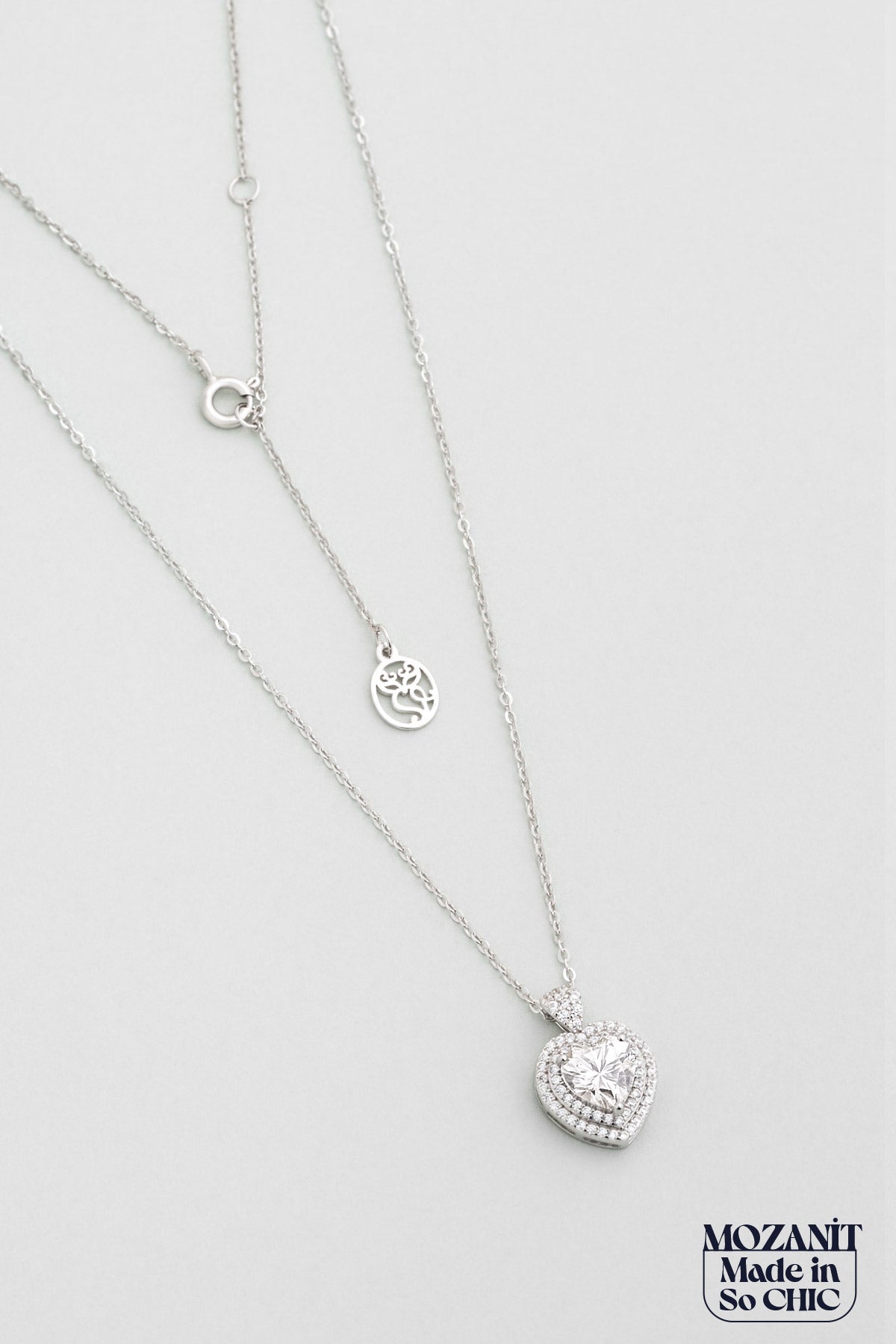 Kalp Mozanit 18 Ayar Beyaz Altın Kaplama 44 Cm Gümüş Kolye 5170430199