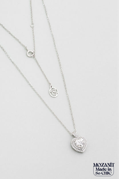 Kalp Mozanit 18 Ayar Beyaz Altın Kaplama 44 Cm Gümüş Kolye 5170430199