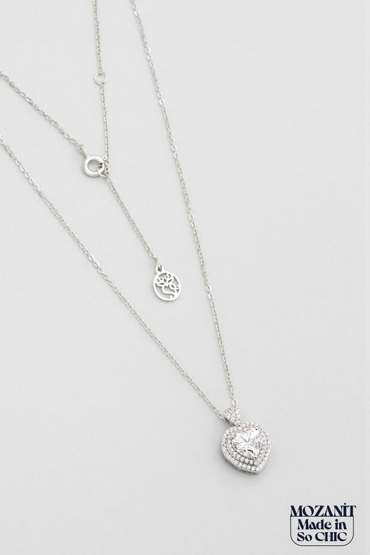 Kalp Mozanit 18 Ayar Beyaz Altın Kaplama 44 Cm Gümüş Kolye 5170430199