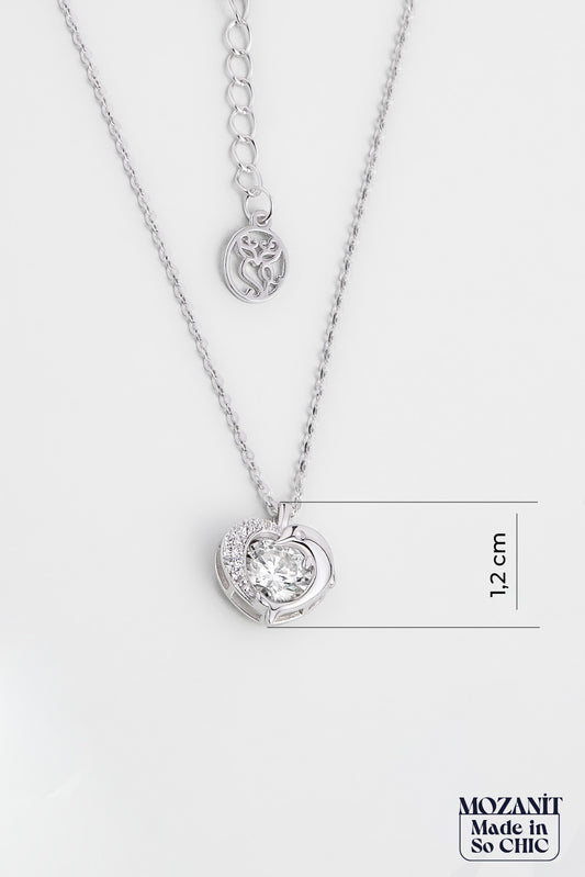 Mozanit Dokunuş 18 Ayar Beyaz Altın Kaplama 45 Cm Gümüş Kalp Kolye 5170960199
