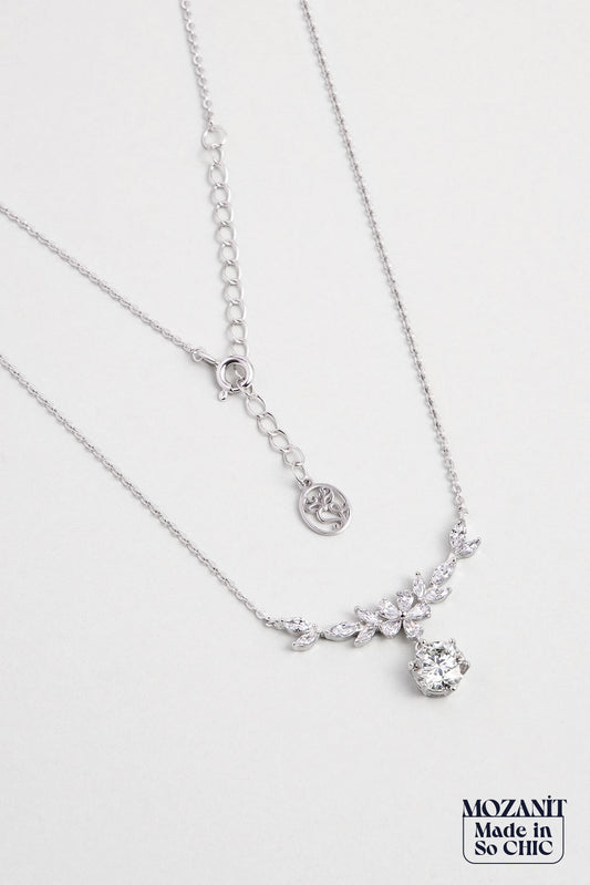 Mozanit Çiçeği 18 Ayar Beyaz Altın Kaplama 45 Cm Gümüş Kolye 5170970199