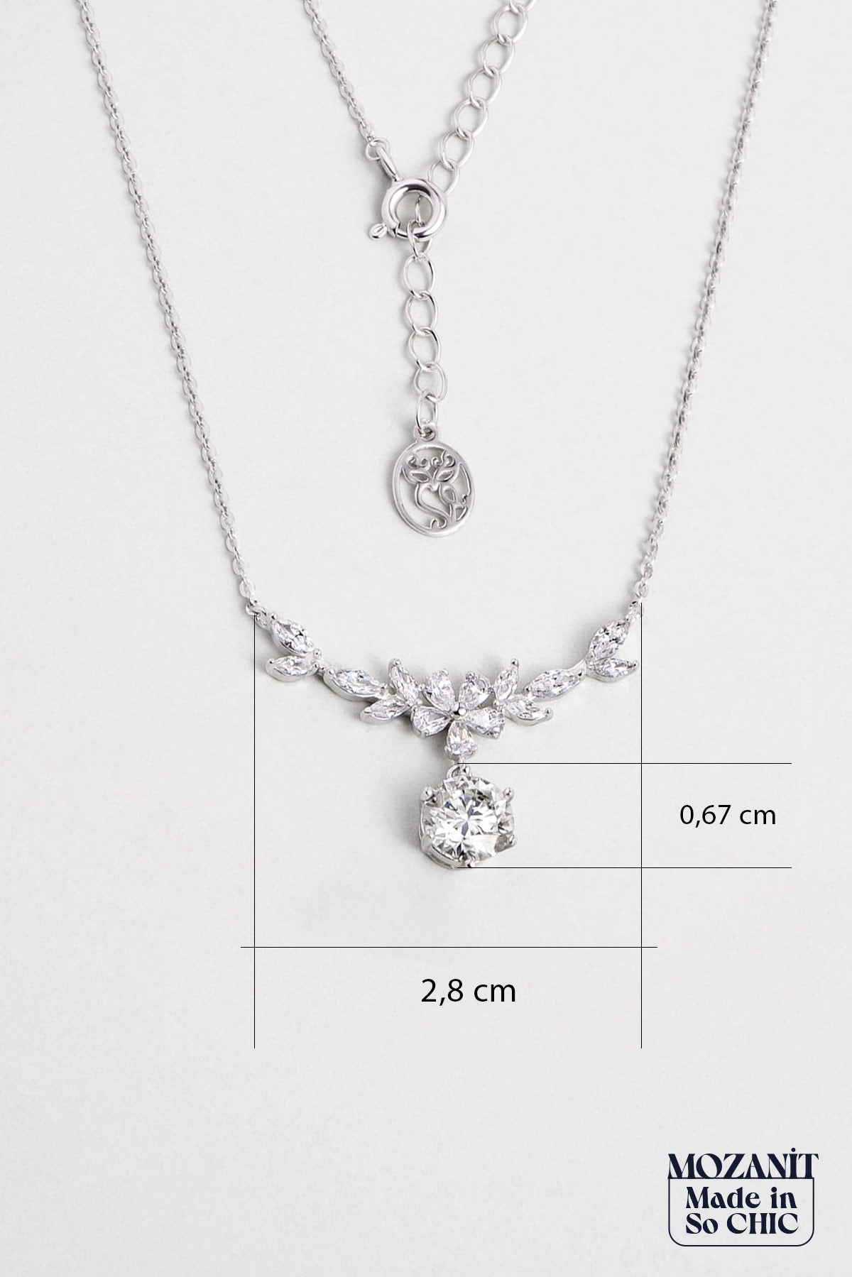 Mozanit Çiçeği 18 Ayar Beyaz Altın Kaplama 45 Cm Gümüş Kolye 5170970199