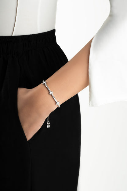 Markiz Taşlı 18 Ayar Beyaz Altın Kaplama Ayarlanabilir Gümüş Su Yolu Bileklik 5174000199