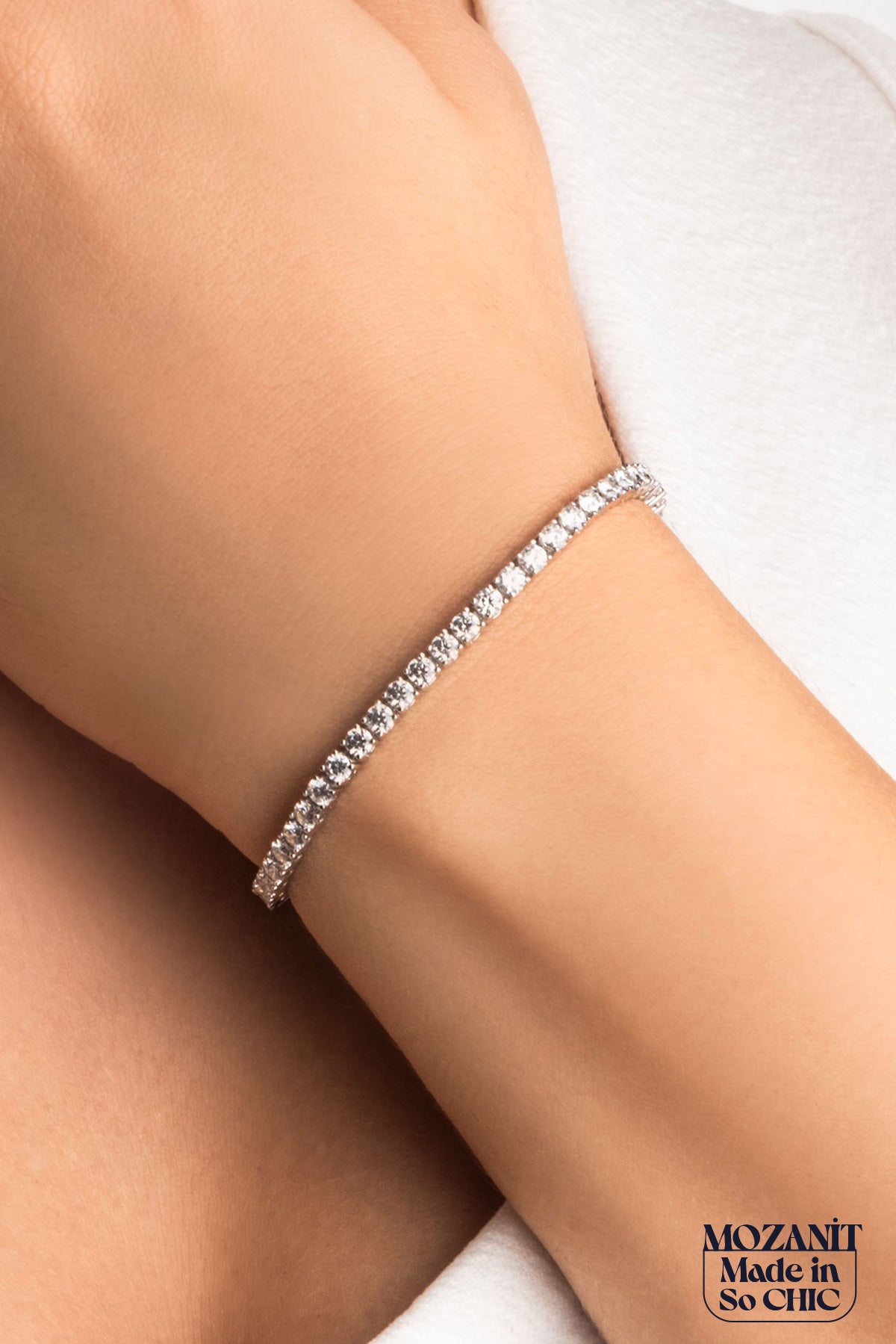 Mozanit Zarafeti 18 Ayar Beyaz Altın Kaplama 19 Cm Gümüş Bileklik 5193099919
