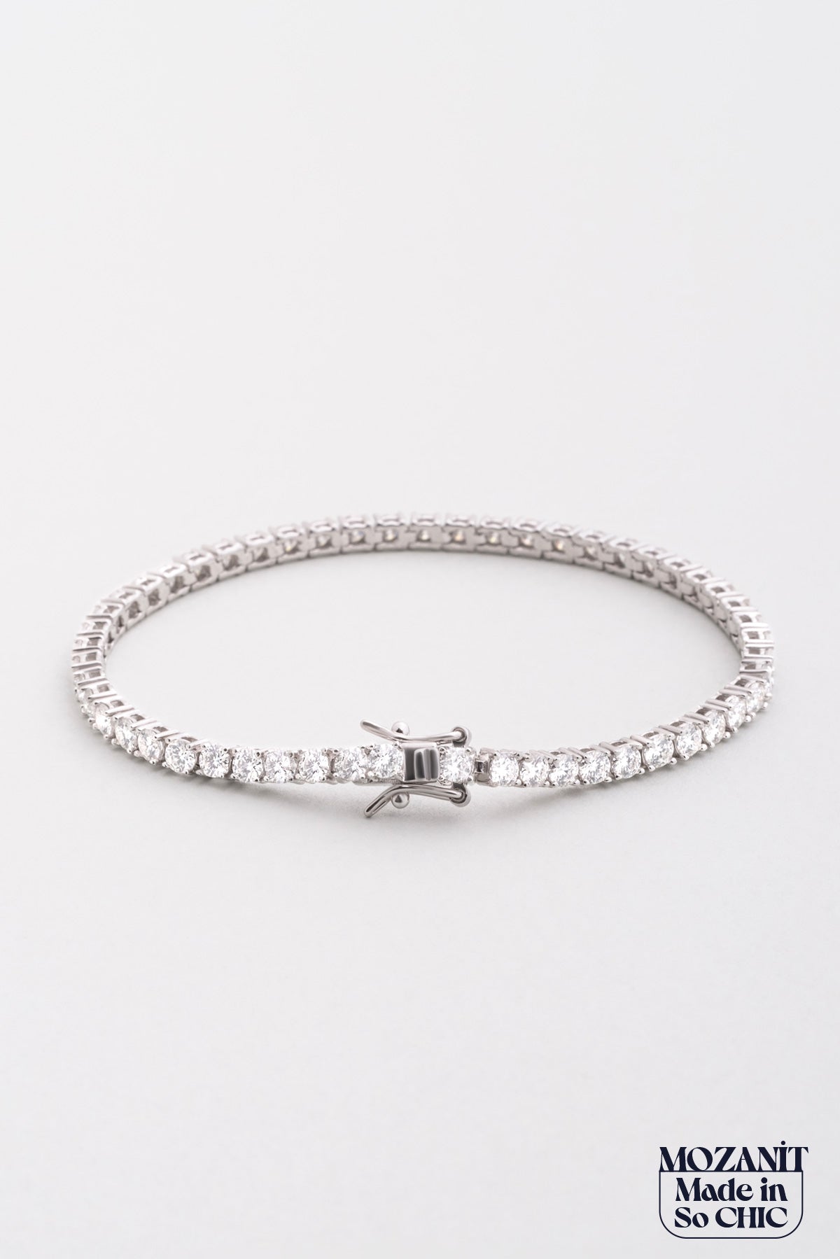 Mozanit Dokunuşu 18 Ayar Beyaz Altın Kaplama 18 Cm Gümüş Su Yolu Bileklik 5193129918