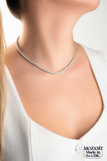 Mozanit Işıltısı 18 Ayar Beyaz Altın Kaplama 42 Cm Gümüş Su Yolu Kolye 5193149942