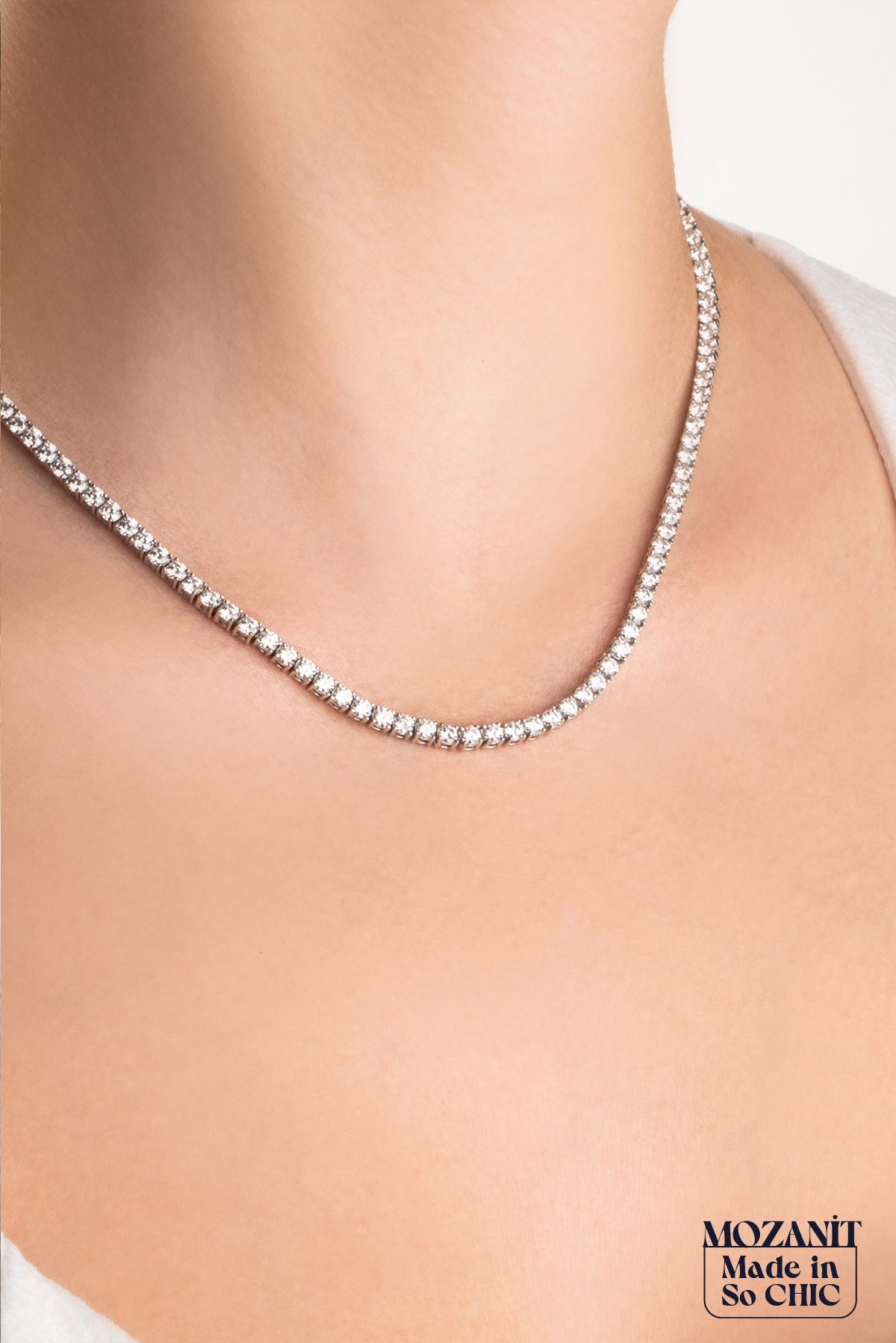 Mozanit Işıltısı 18 Ayar Beyaz Altın Kaplama 42 Cm Gümüş Su Yolu Kolye 5193149942