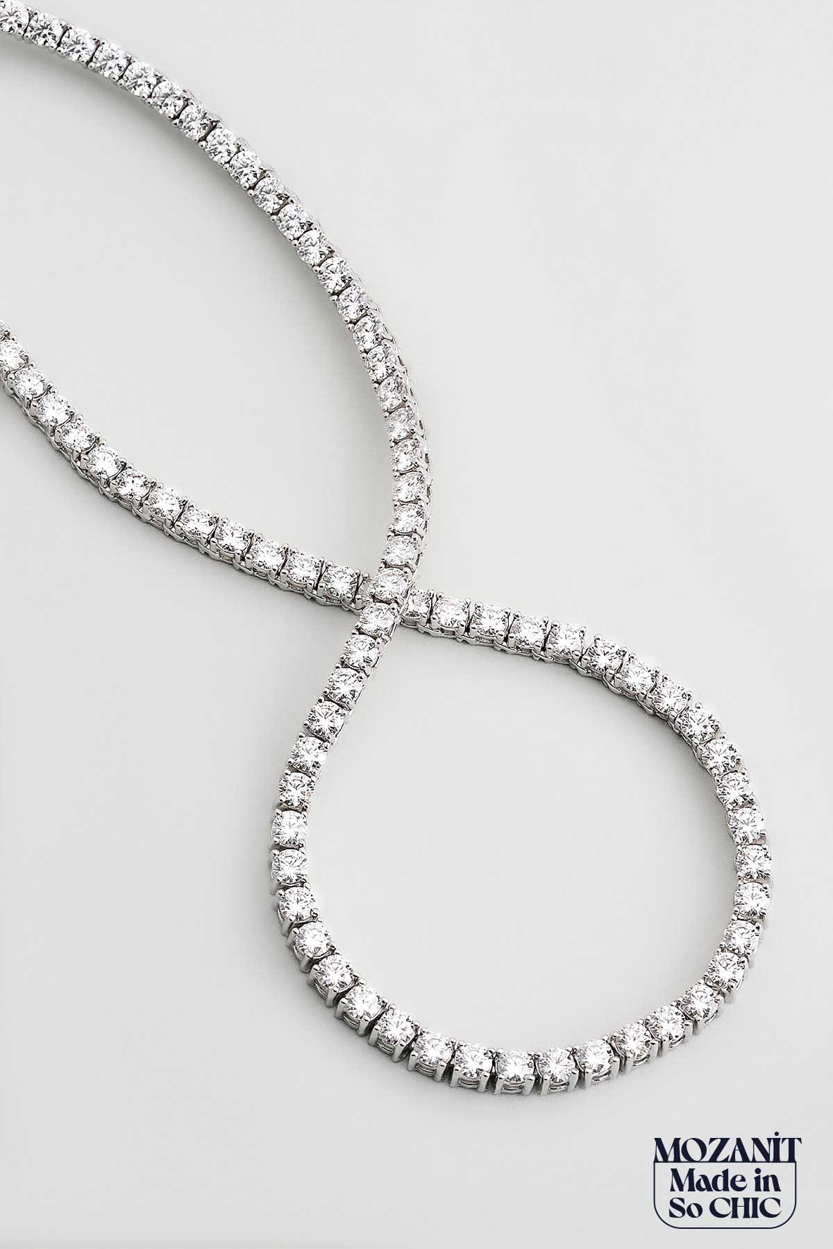 Mozanit Işıltısı 18 Ayar Beyaz Altın Kaplama 42 Cm Gümüş Su Yolu Kolye 5193149942