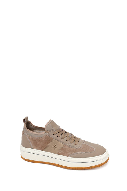 Erkek Bej Bağcıklı Kalın Tabanlı Deri Sneaker