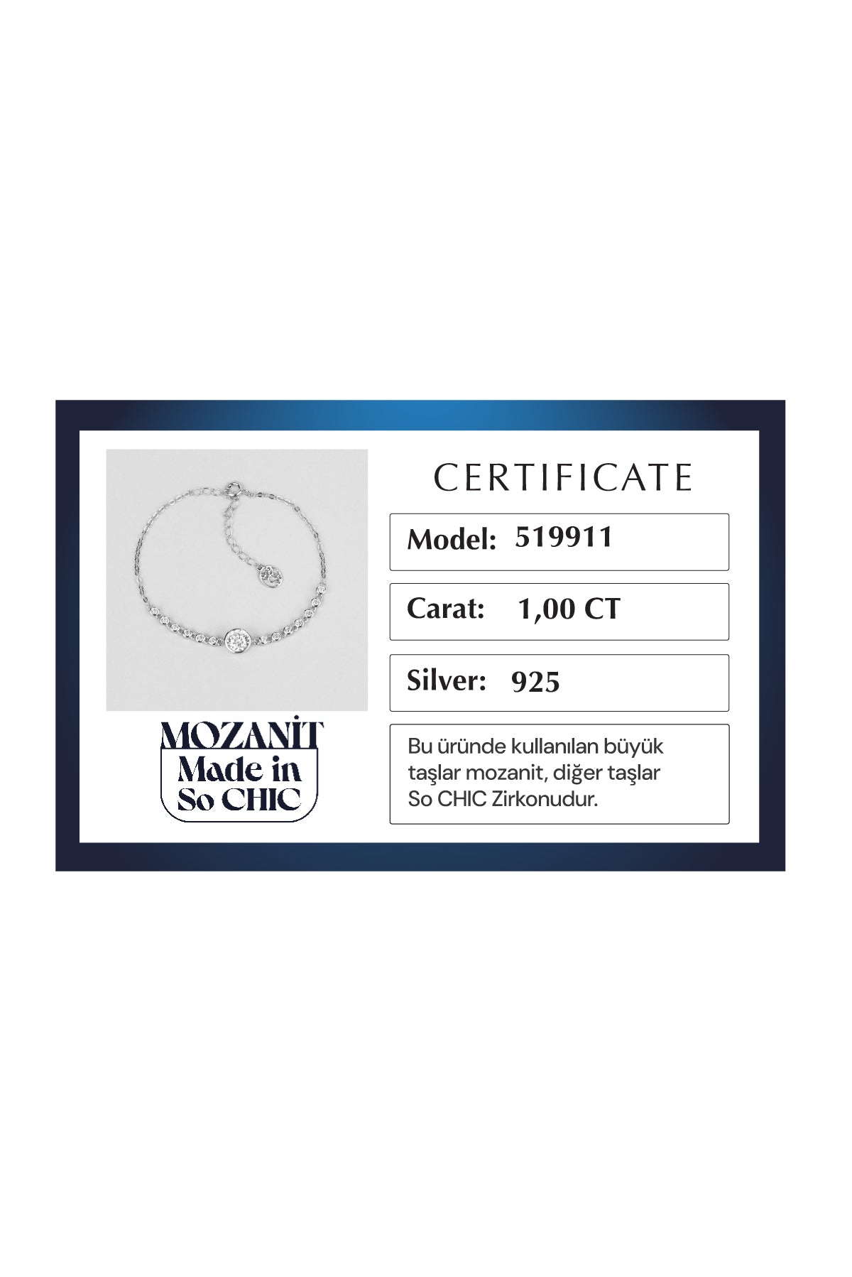 Mozanit Tasarımı 18 Ayar Beyaz Altın Kaplama 19 Cm Gümüş Bileklik 5199110199