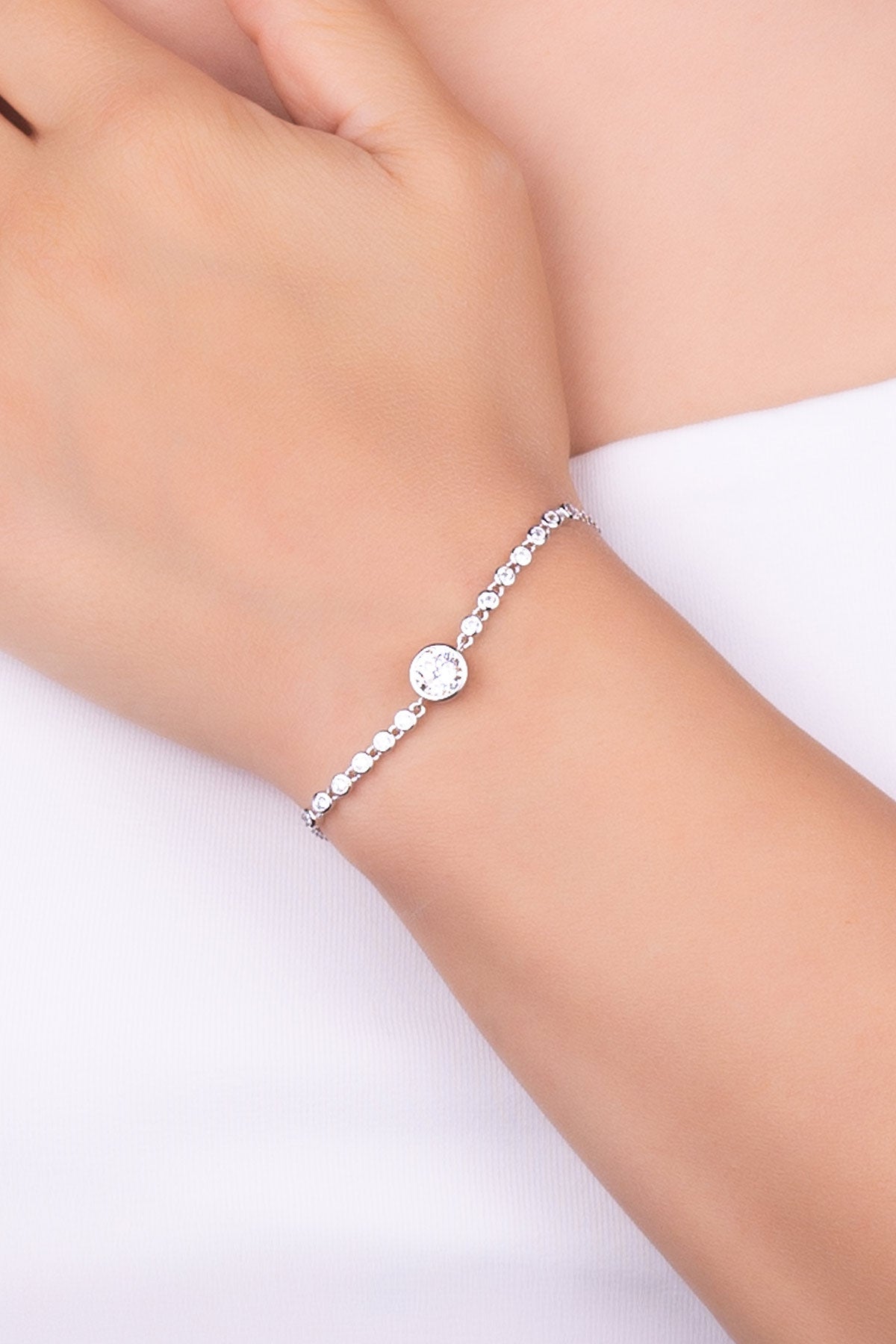 Mozanit Tasarımı 18 Ayar Beyaz Altın Kaplama 19 Cm Gümüş Bileklik 5199110199