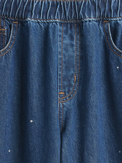 Koyu Mavi High Rise Rhinestone Easy Barrel Jean Pantolon