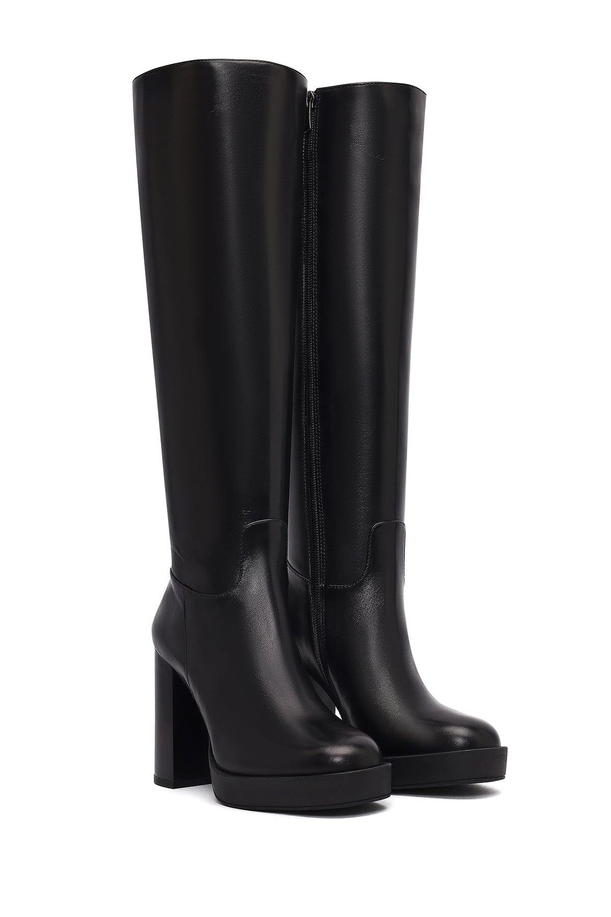 Kadın Siyah Fermuarlı Yüksek Topuklu Deri Çizme