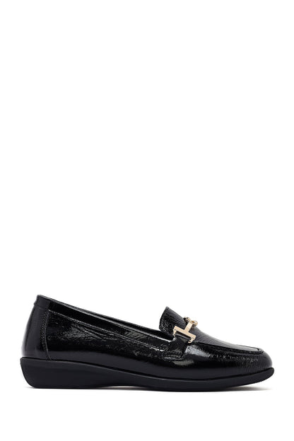 Kadın Siyah Tokalı Deri Maskülen Loafer