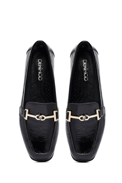 Kadın Siyah Tokalı Deri Maskülen Loafer