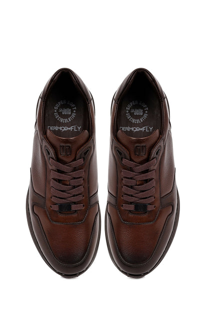 Erkek Kahverengi Bağcıklı Deri Casual Sneaker