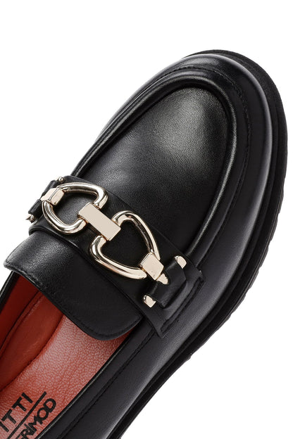 Derimod Gritti Kadın Siyah Toka Detaylı Deri Maskülen Loafer