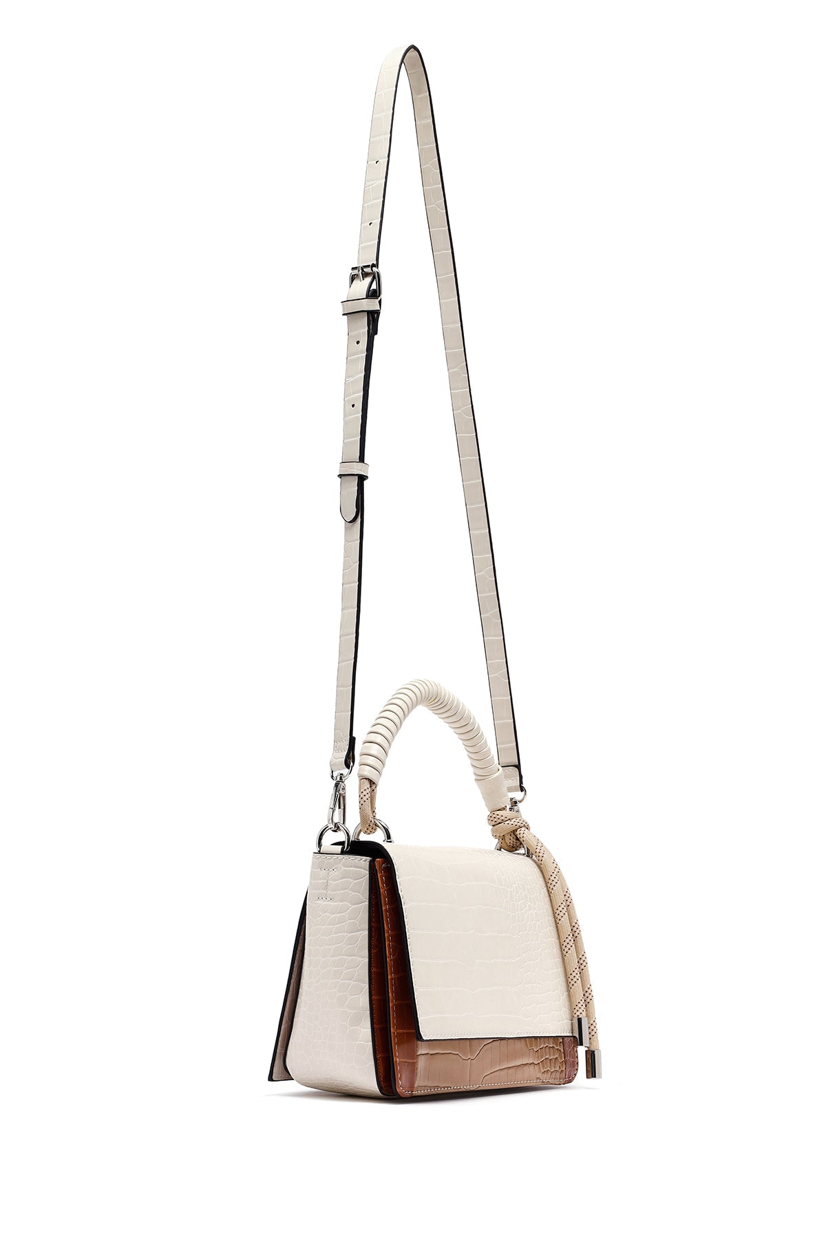 Kadın Bej Uzun Askılı Kroko Desenli Çapraz Çanta
