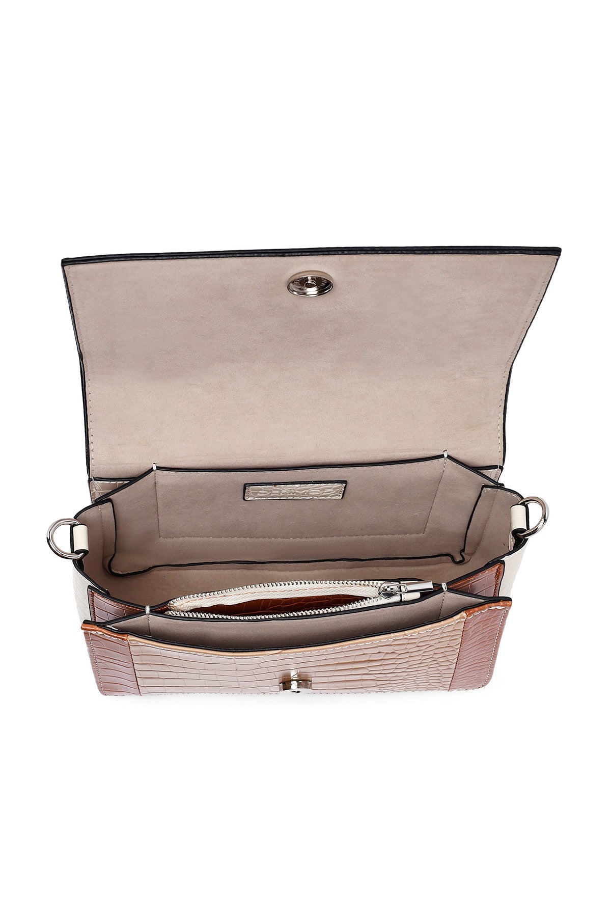 Kadın Bej Uzun Askılı Kroko Desenli Çapraz Çanta