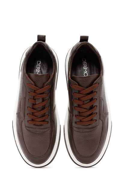 Erkek Kahverengi Bağcıklı Kalın Tabanlı Deri Sneaker