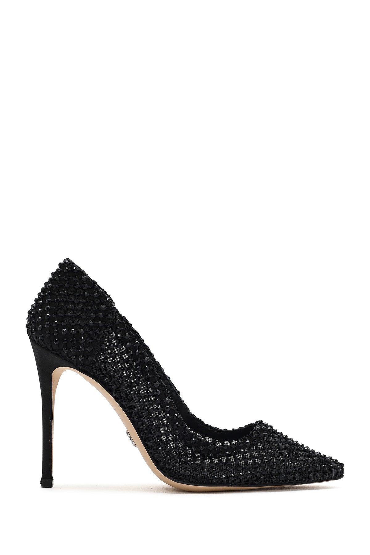 Kadın Siyah Taşlı Yüksek Ince Topuklu Deri Stiletto