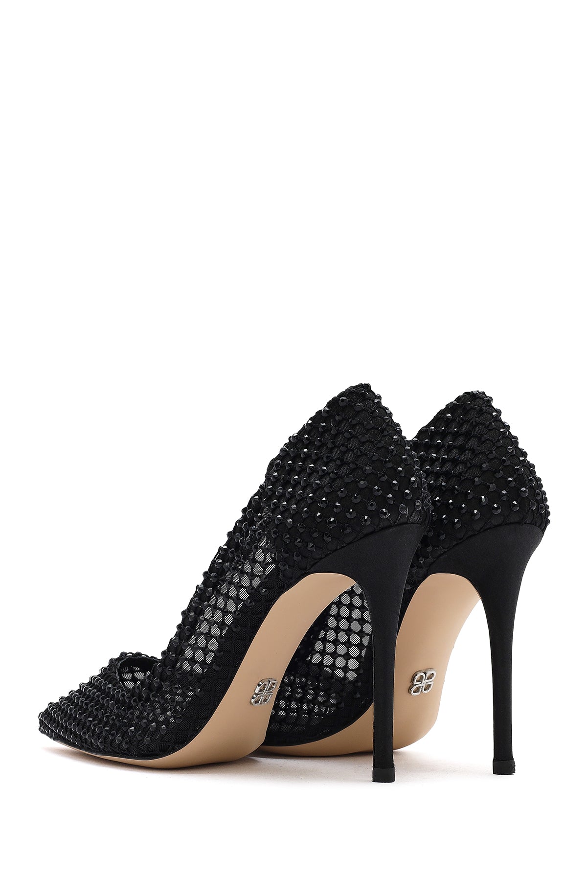 Kadın Siyah Taşlı Yüksek Ince Topuklu Deri Stiletto