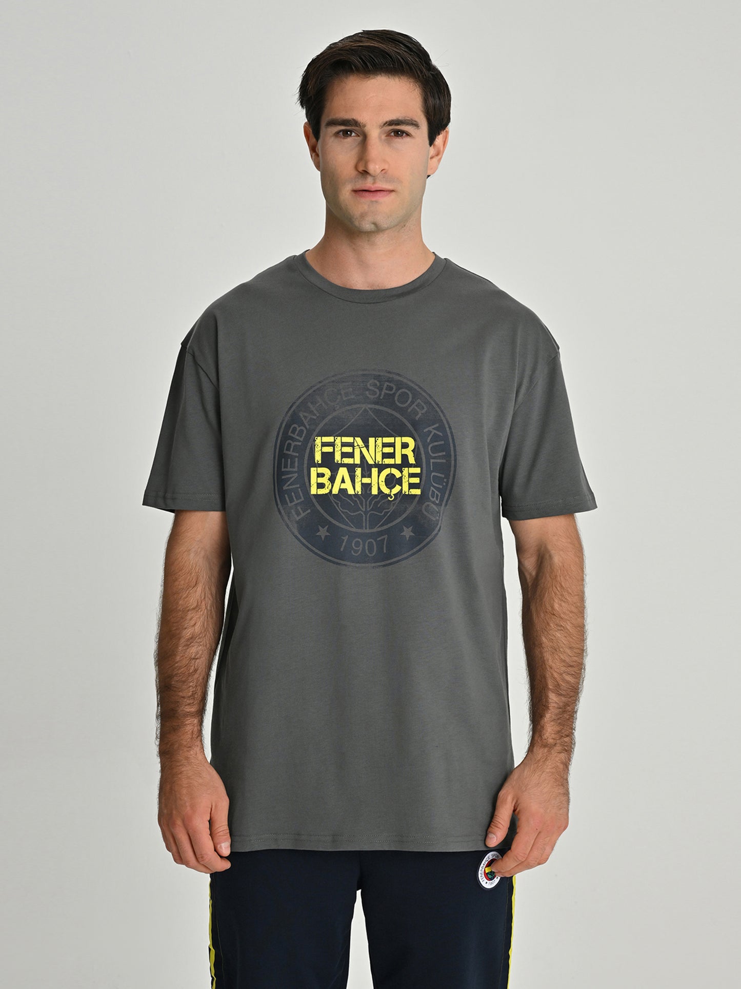 Fenerbahçe Gri Tribün Sarı Lacivert Fenerbahçe Logo Erkek Oversize Tshirt