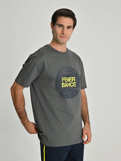 Fenerbahçe Gri Tribün Sarı Lacivert Fenerbahçe Logo Erkek Oversize Tshirt
