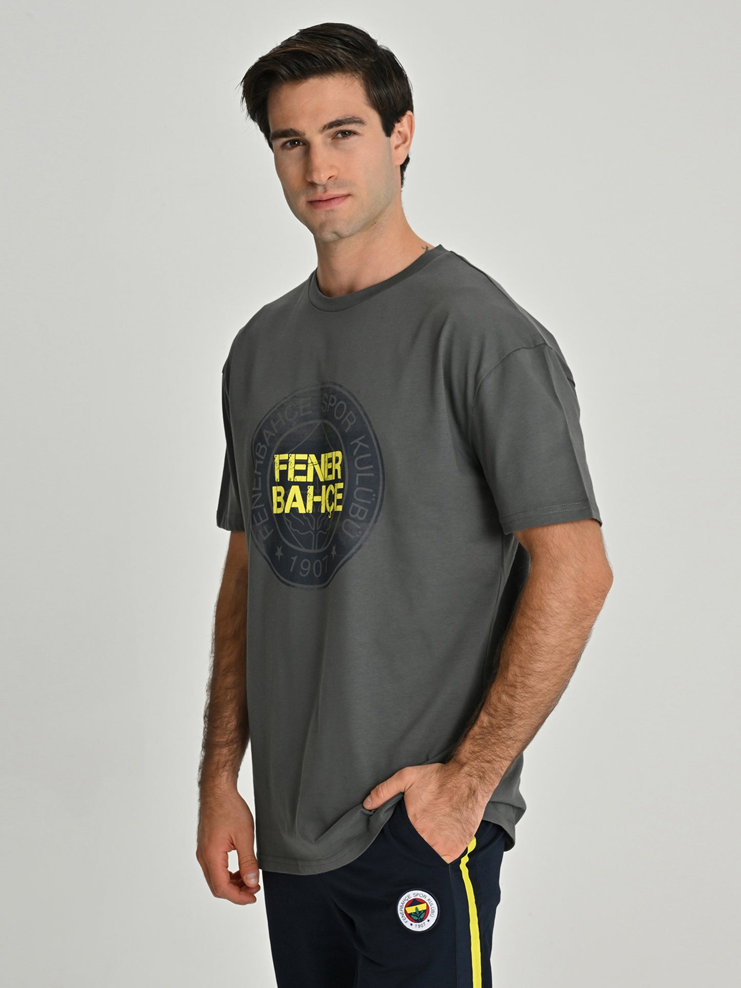 Fenerbahçe Gri Tribün Sarı Lacivert Fenerbahçe Logo Erkek Oversize Tshirt