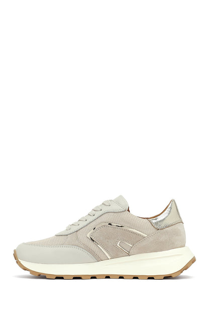 Kadın Bej Bağcıklı Kalın Tabanlı Deri Sneaker