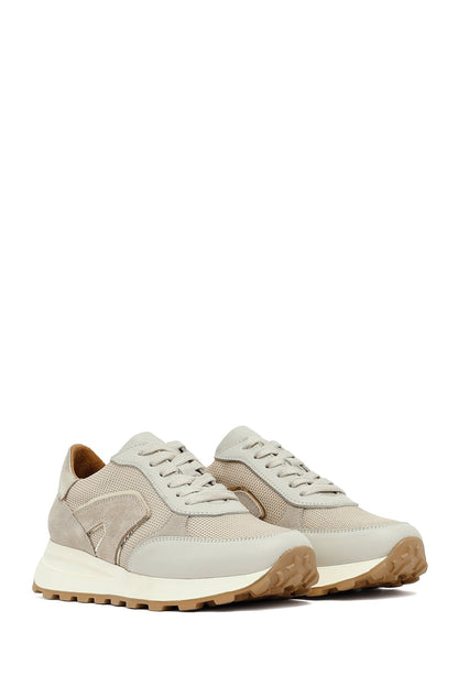 Kadın Bej Bağcıklı Kalın Tabanlı Deri Sneaker